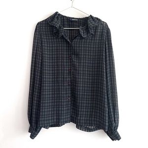 VINTAGE Ruffle Collar Sheer Plaid Blouse - XS-S